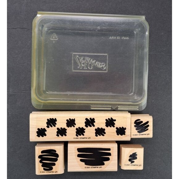 Vintage Stampin Up Set Of 5 Squiggle Pattern Rubber Stamps Storage Case Clean - Picture 2 of 6